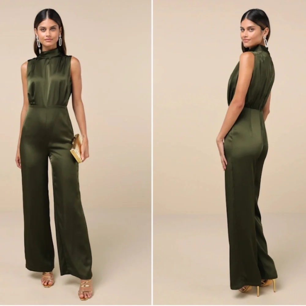 LULU's Wedding Formal Sexy Elegant Classy Chic Olive Green Satin Pantsuit - Picture 4 of 5